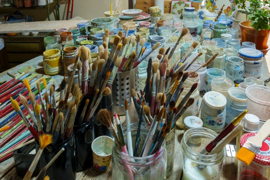 Professional painting and renovation tools arranged for a home project